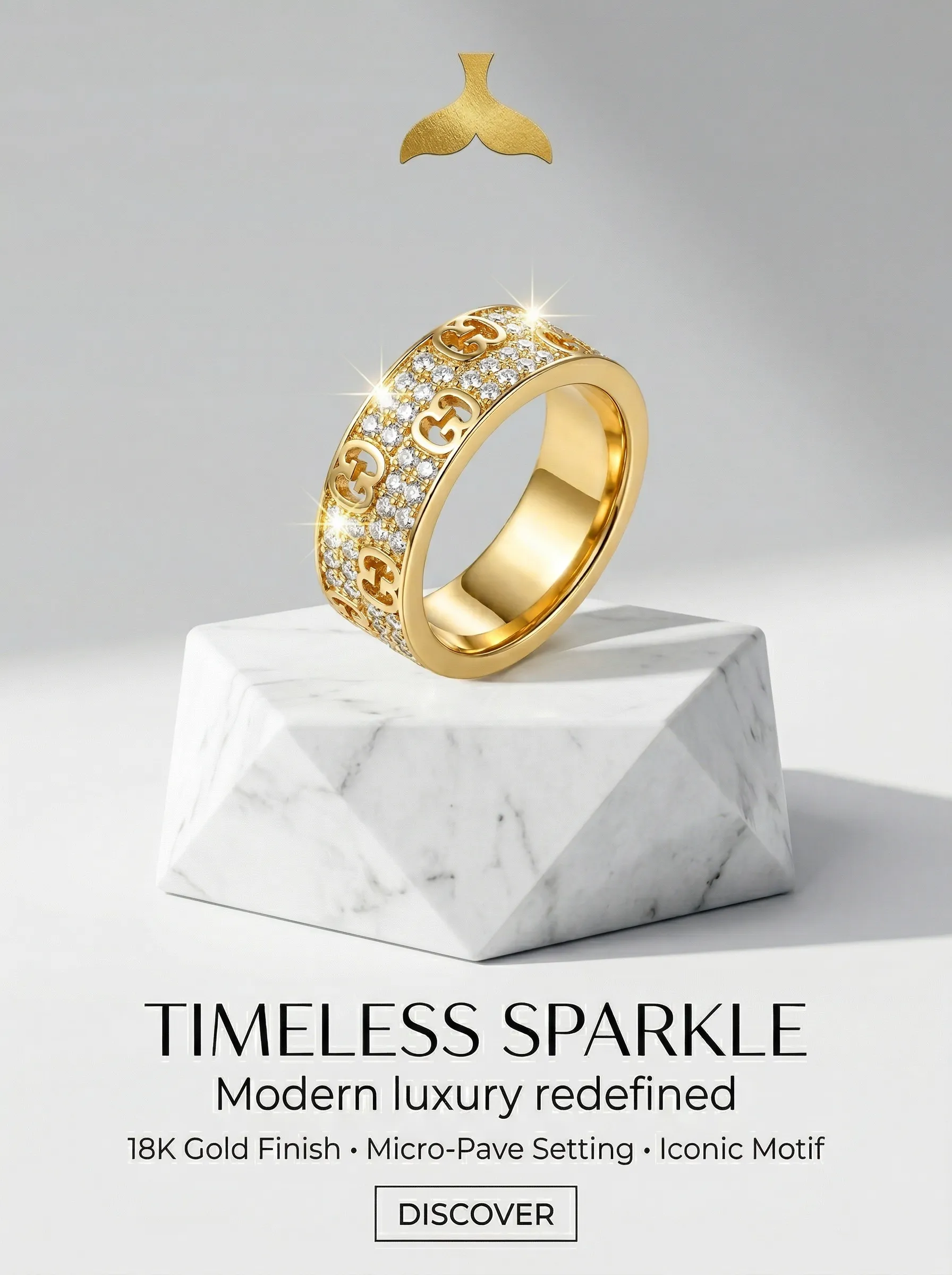 Classic Double G motif Full Pavé Stainless Steel Ring detail