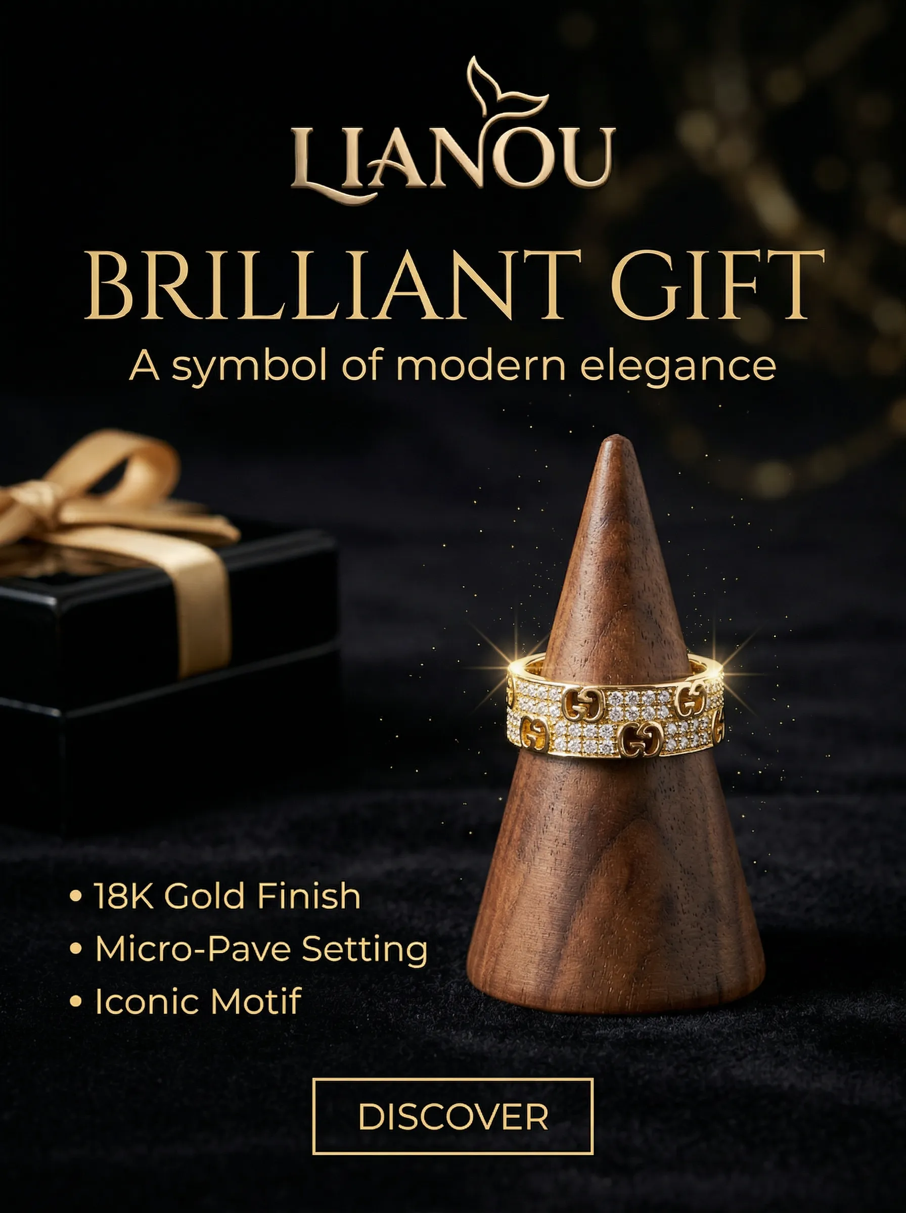 Classic Double G motif Full Pavé Stainless Steel Ring detail