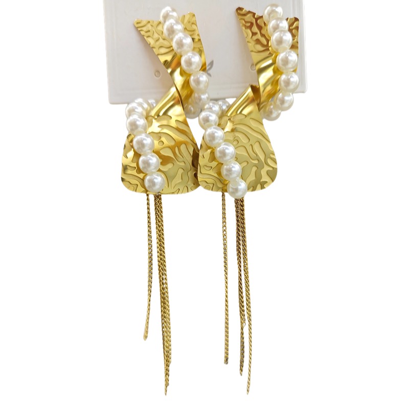 Stainless steel vacuum gold-plated pearl-wrapped metal-textured tassel earrings