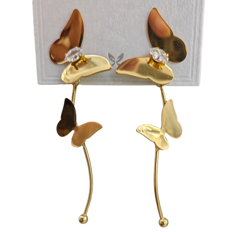 Stainless steel vacuum gold - plated butterfly - set diamond tassel earrings