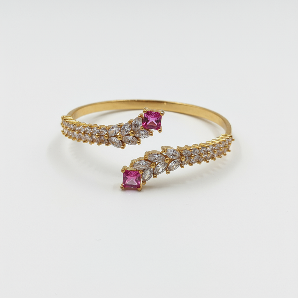 Gilded Pink-Toned Copper Base Open Bangle with Wheat Ear & Zircon Inlay - Alternative View