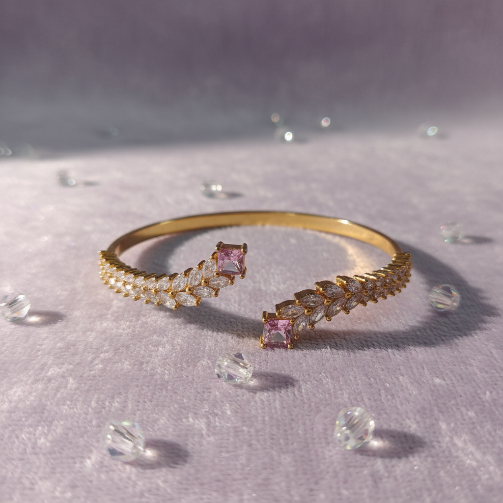 Gilded Pink-Toned Copper Base Open Bangle with Wheat Ear & Zircon Inlay