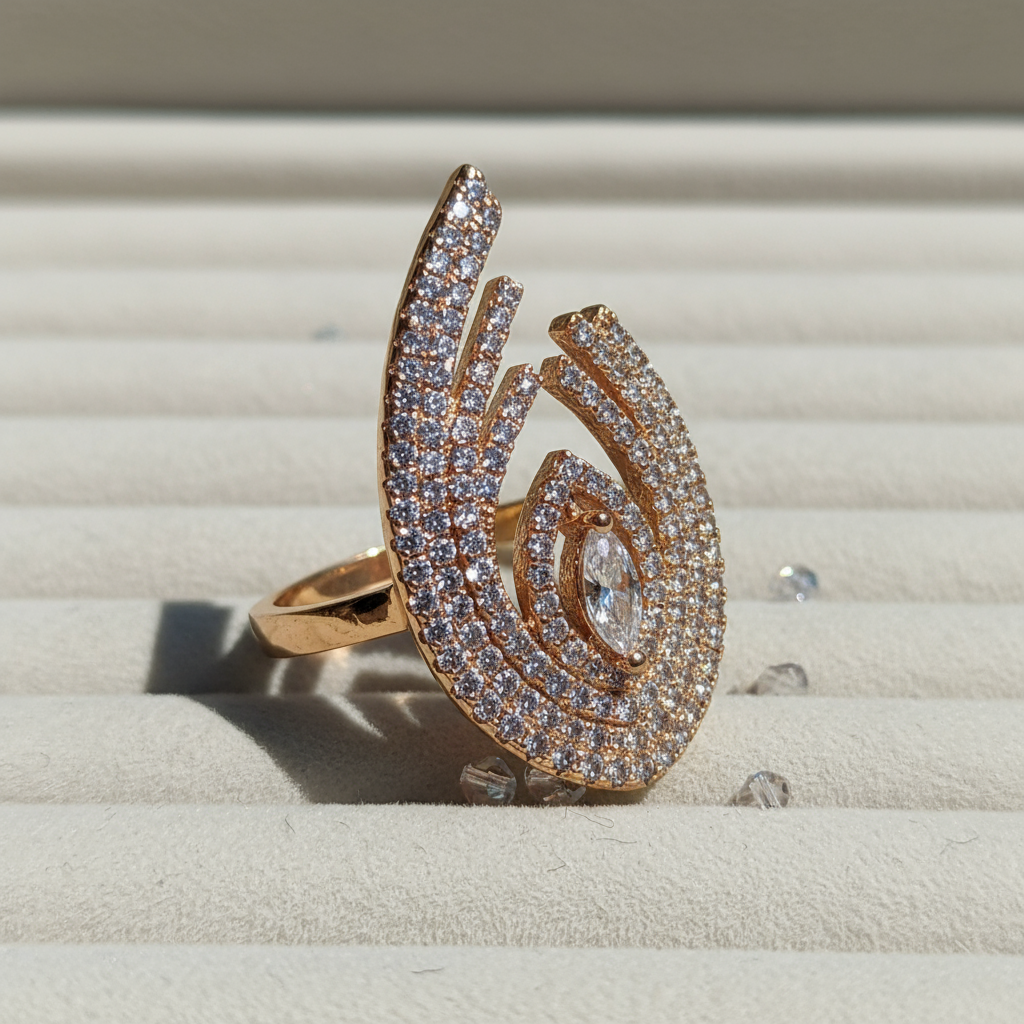 Elegant Luxury Gold-Plated Teardrop Spiral Copper Base Zircon Inlay Ring
