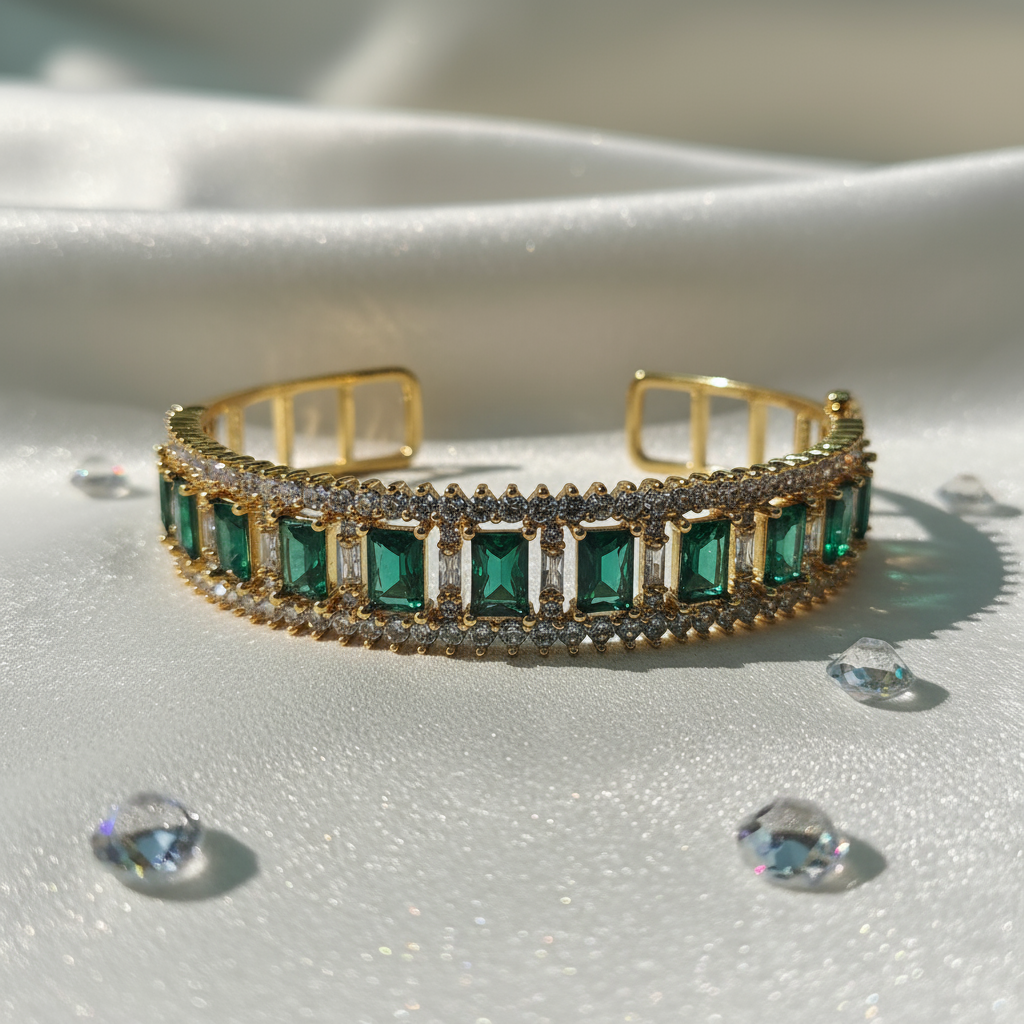 Gilded Emerald Copper Cuff Bangle with Zircon Inlay
