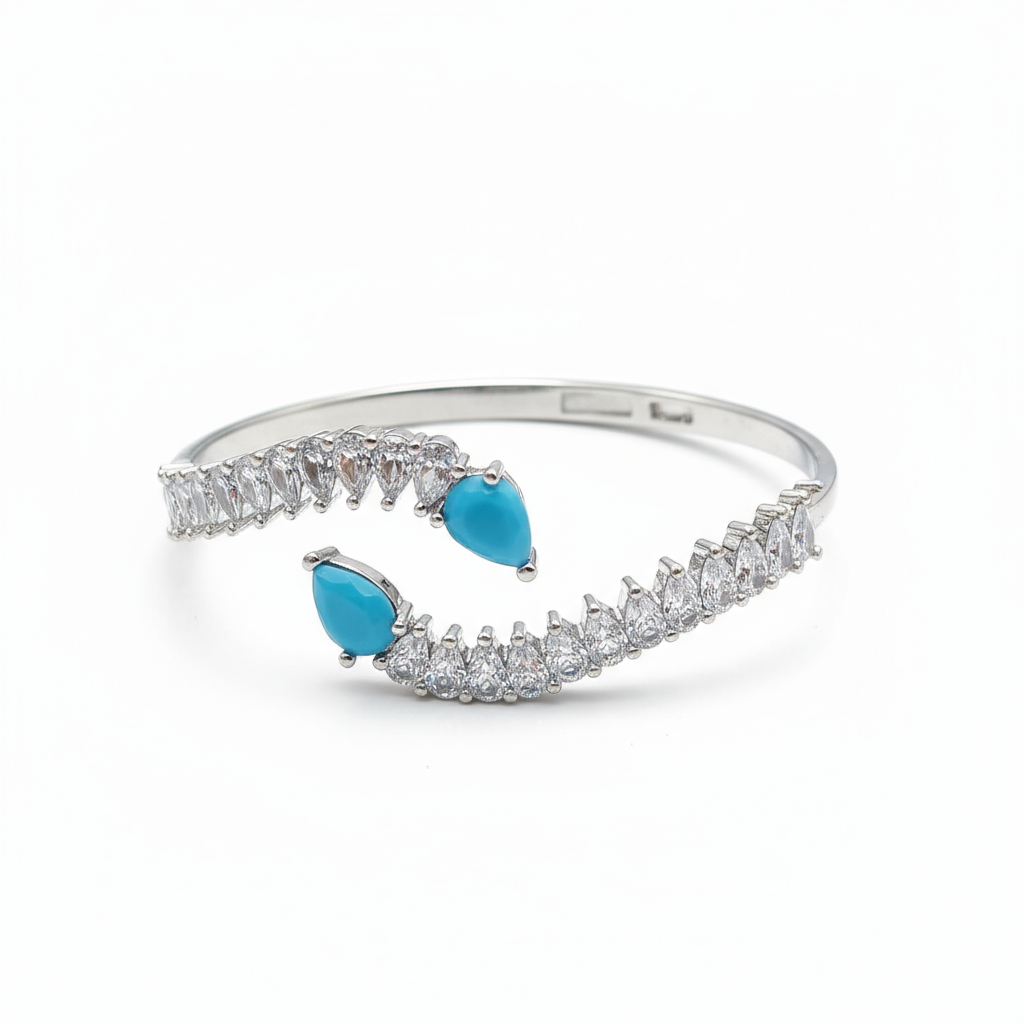 Turquoise Copper Bracelet with Zircon Inlay and Silver Plating/Accents - Alternative View
