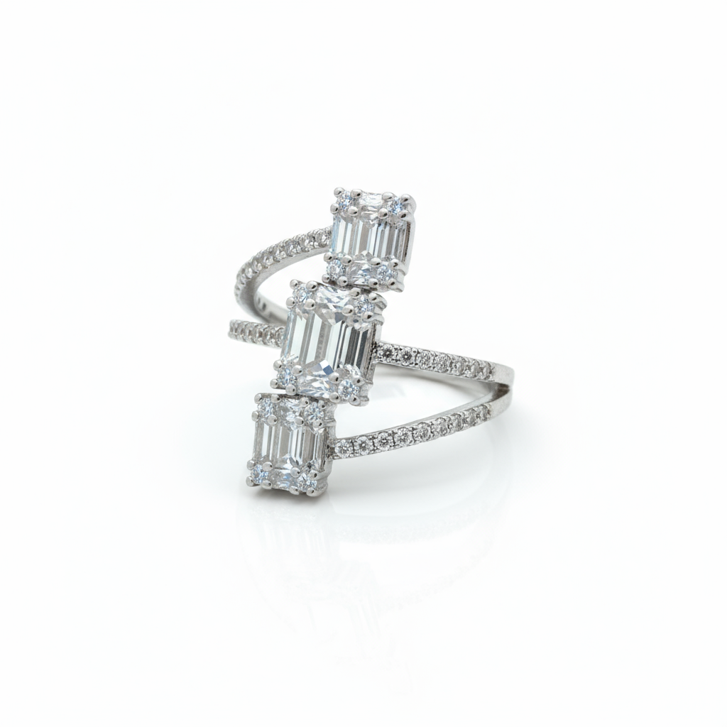 Elegant Silver-Plated Tiered Emerald-Cut Zircon Copper Base Inlay Ring - Alternative View
