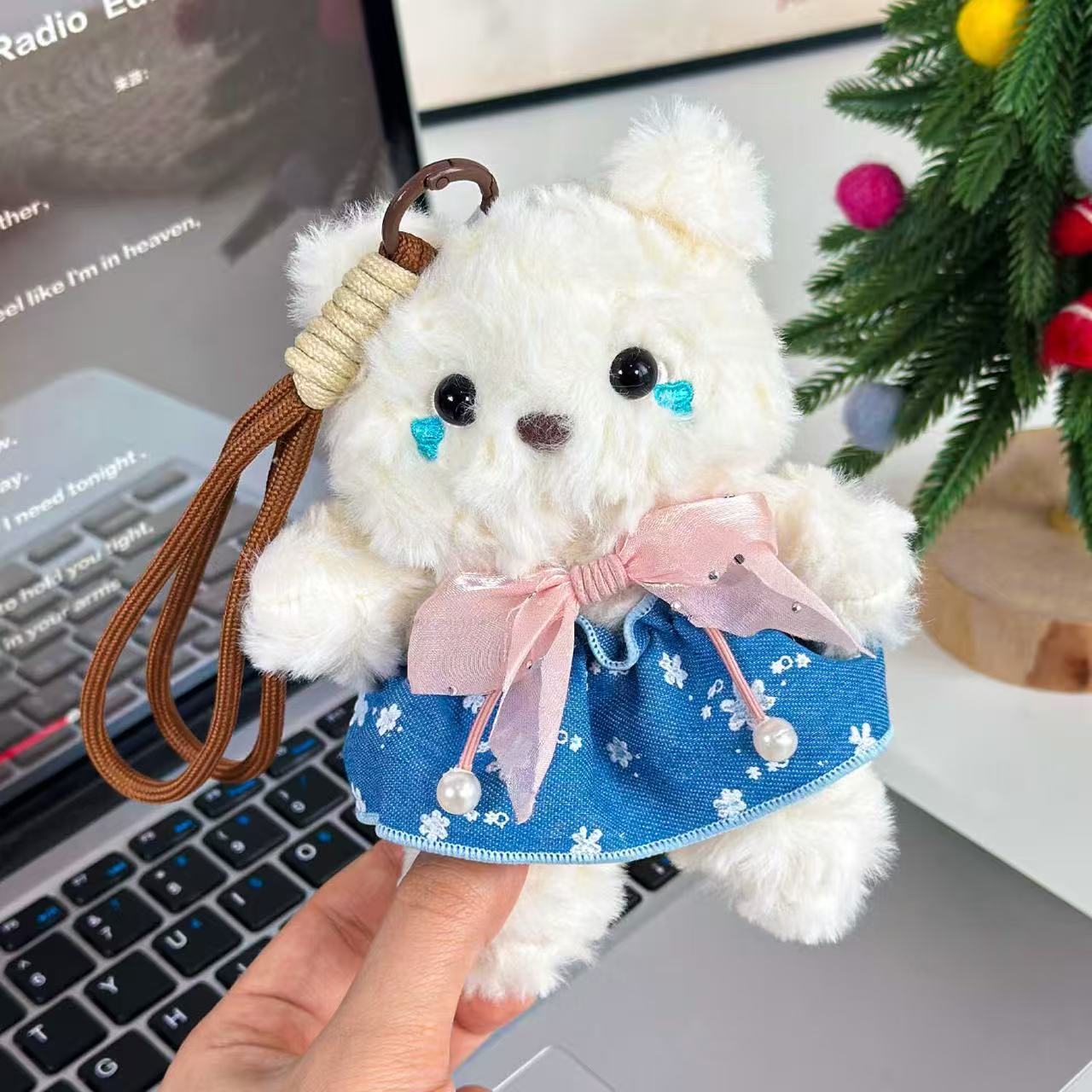 Denim-Skirt-Wearing Teddy Bear Plush Keychain - Alternative View