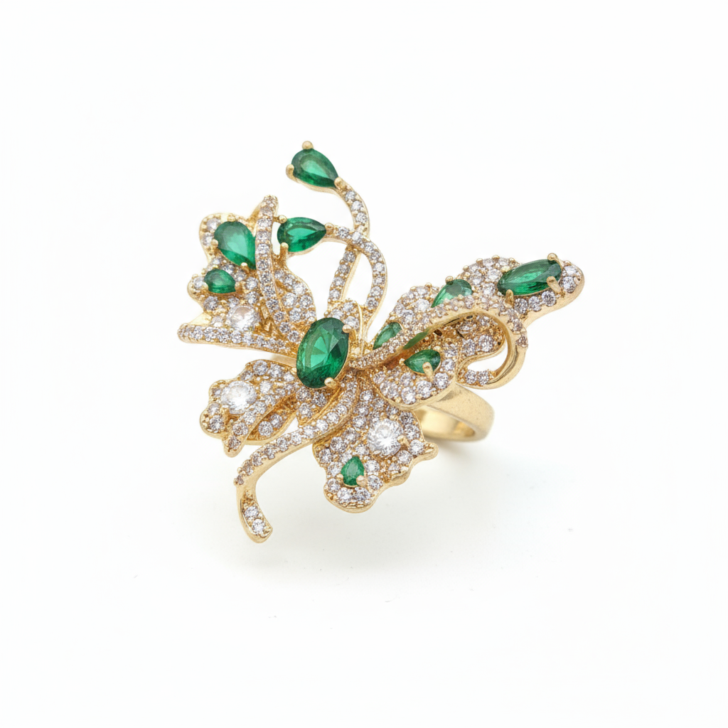 Elegant Luxury Gold-Plated Butterfly Wing Motif Copper Base Green Gem Inlay Ring - Alternative View