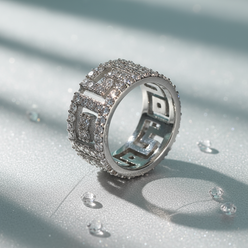 Luxury Silver-Plated Greek Key Copper Base Ring with Zircon Inlay