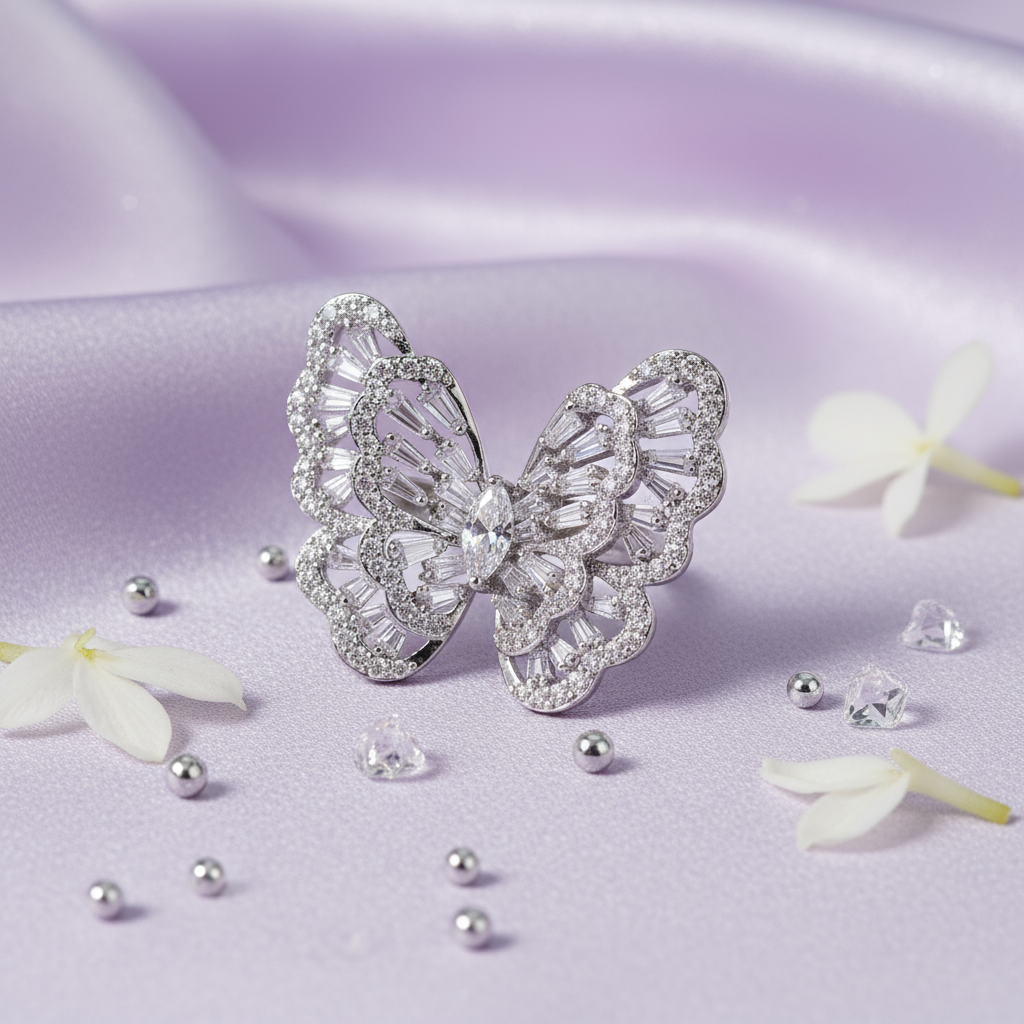 Silver Butterfly Stacked Zircons · Star Wing Copper-Inlaid Zircon Ring