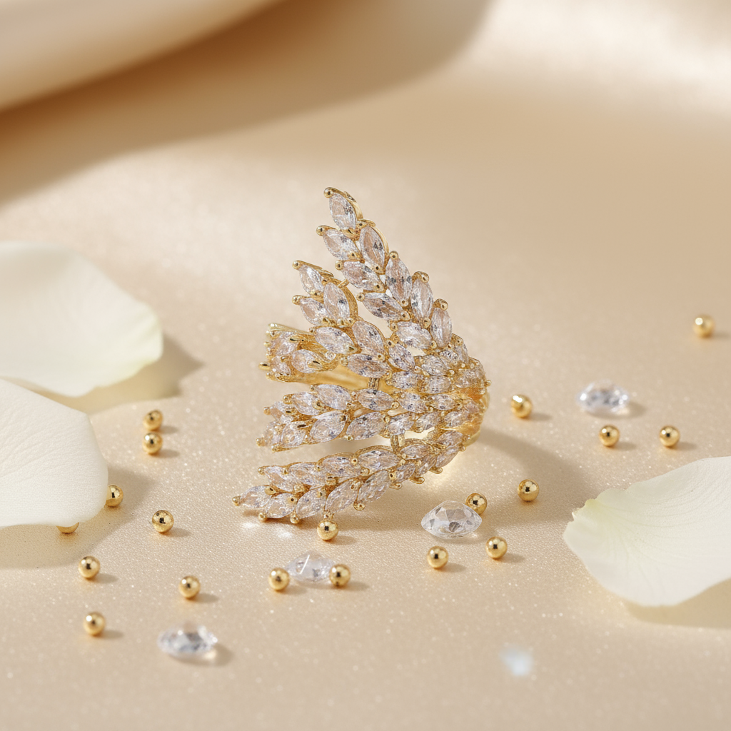 Elegant Luxury Gold-Plated Butterfly Wing Motif Copper Base Green Gem Inlay Ring - 副本