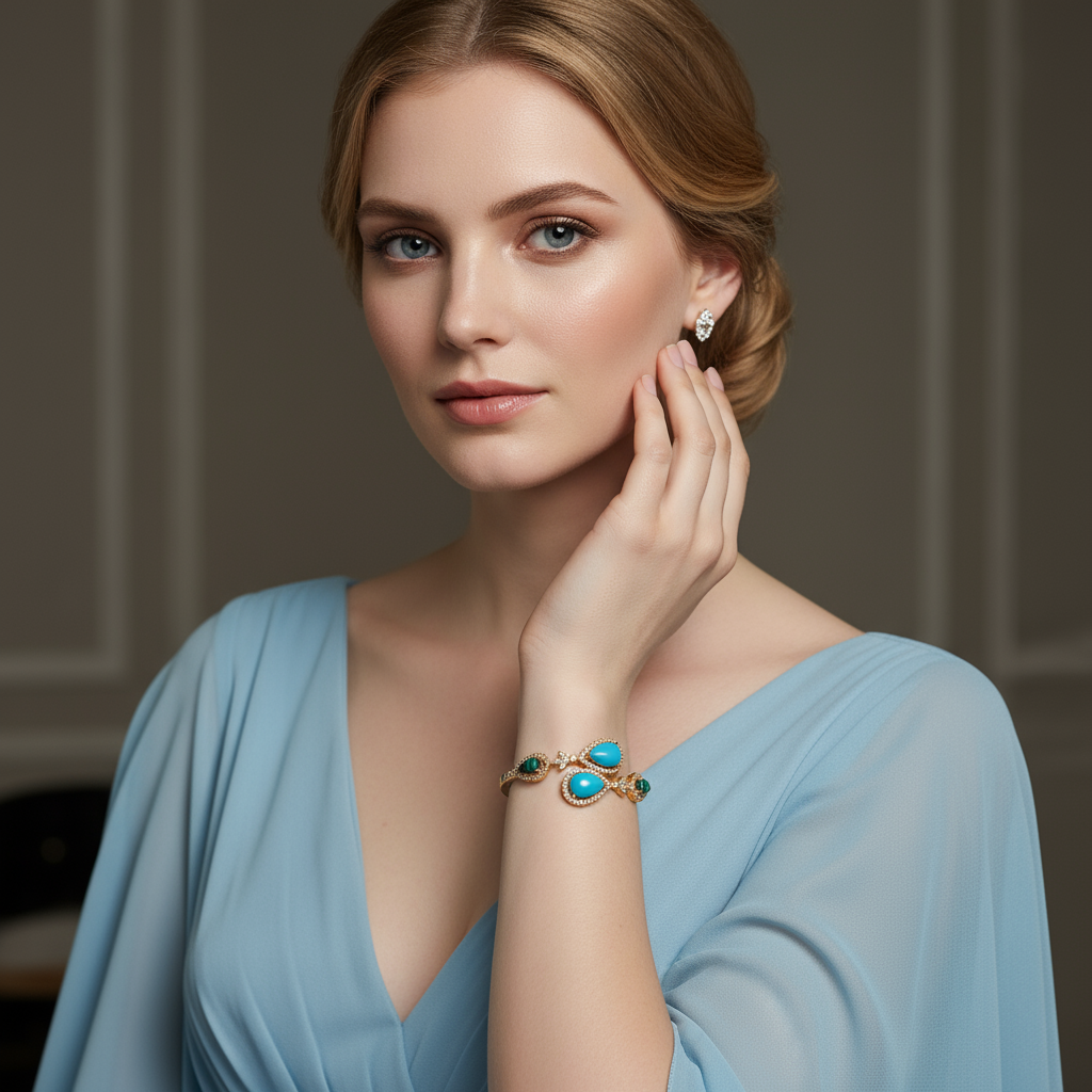 Gilded Turquoise & Malachite Diamond-Encrusted Secret Garden Bangle - Image 5