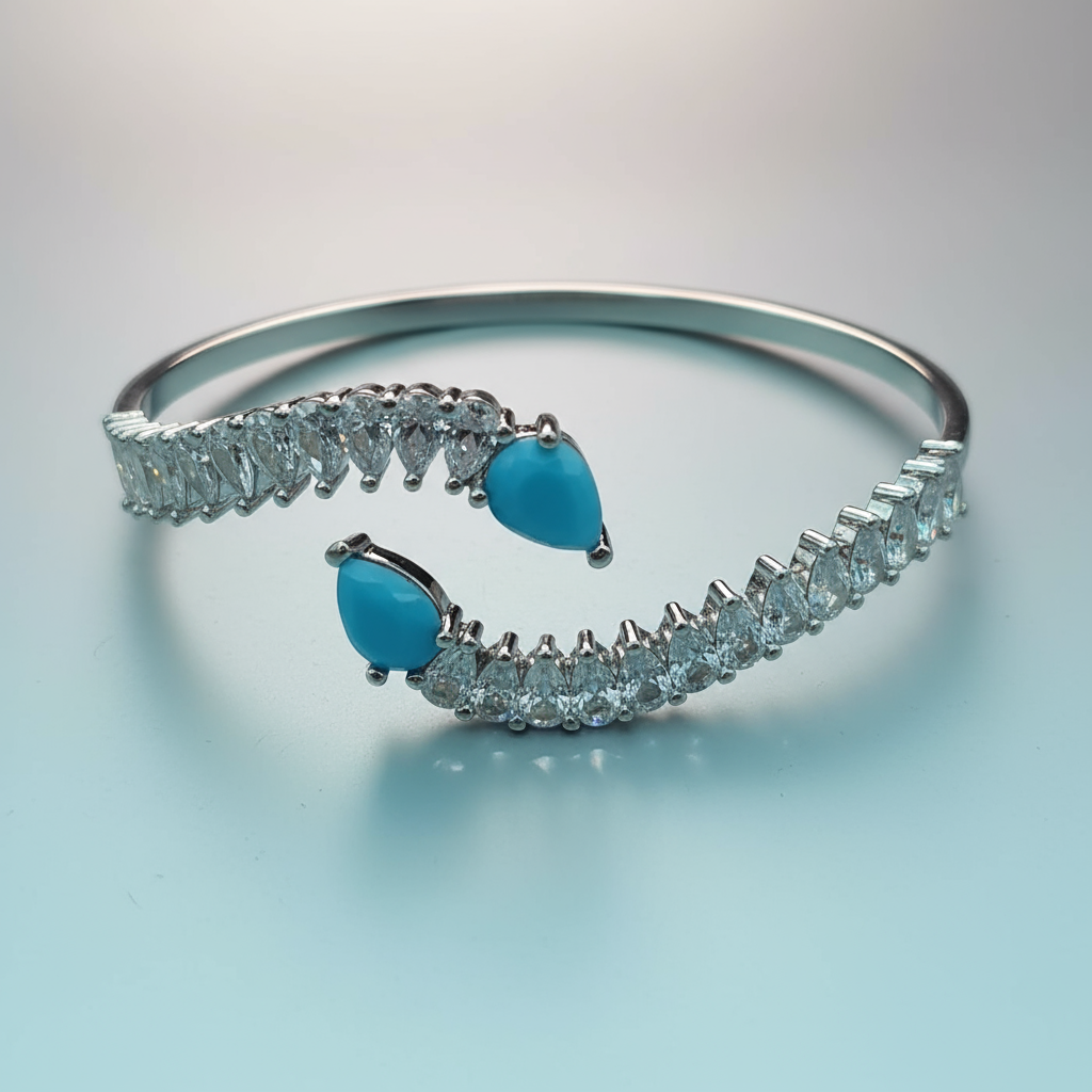 Turquoise Copper Bracelet with Zircon Inlay and Silver Plating/Accents