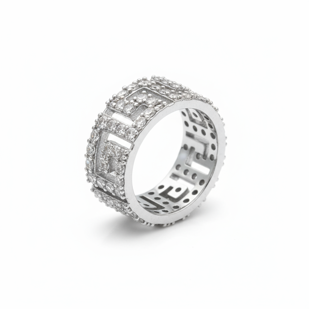 Luxury Silver-Plated Greek Key Copper Base Ring with Zircon Inlay - Alternative View