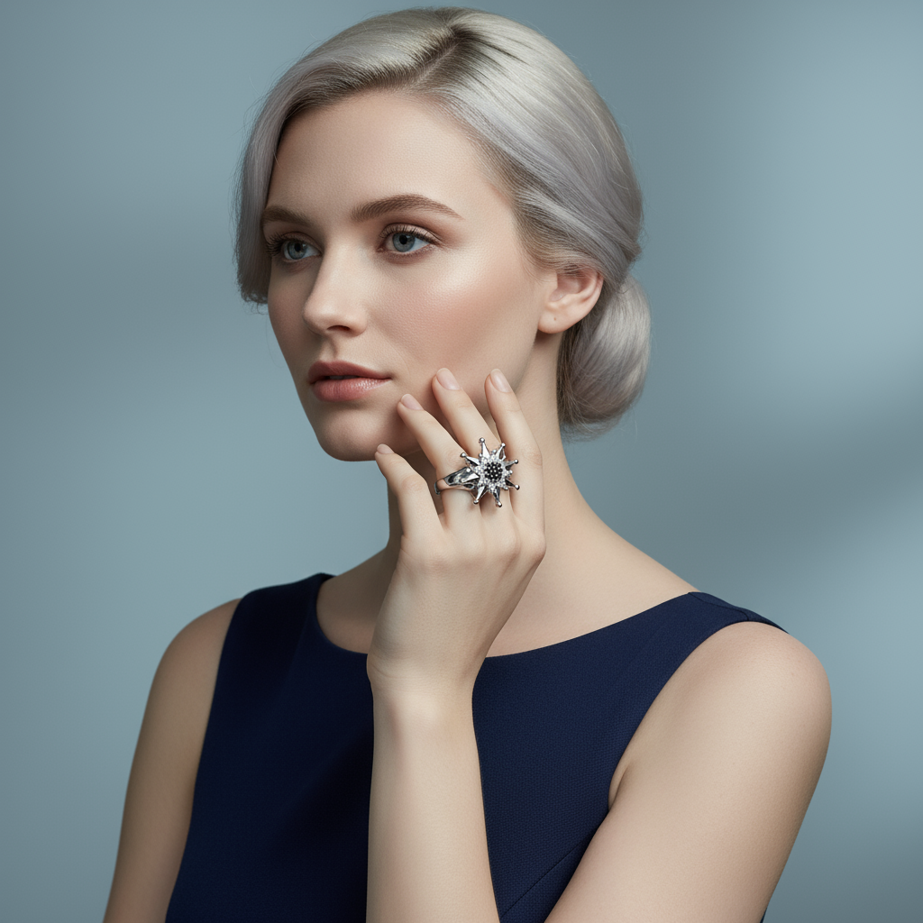 Silver Charm Star Crown Copper Base Black Zircon Inlay Modern Ring - Image 7