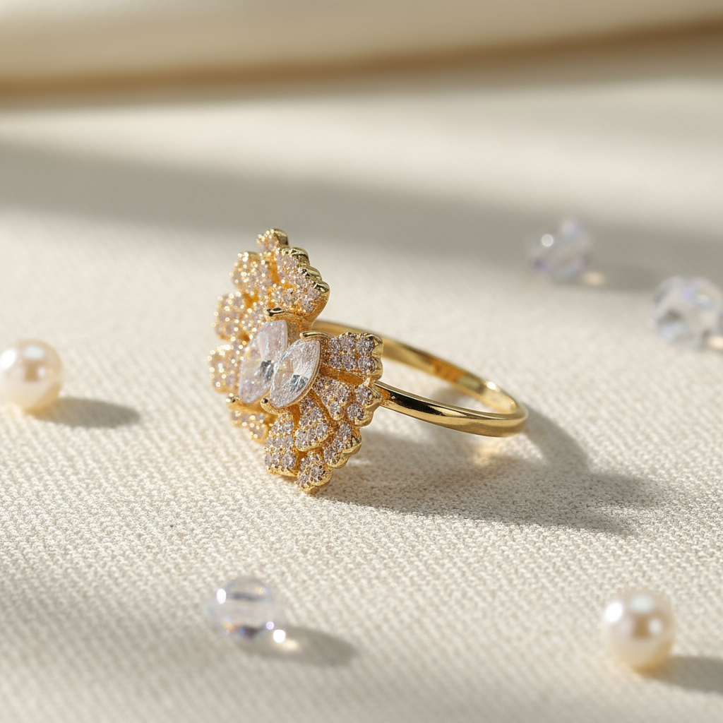 Elegant Luxury Gold-Plated Floral Pattern Copper Base Zircon Inlay Ring - Alternative View