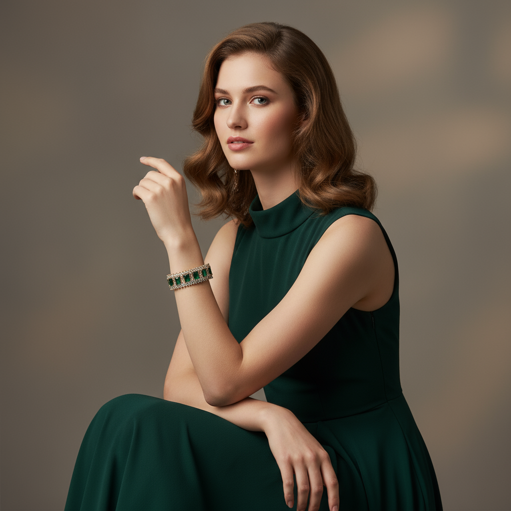 Gilded Emerald Copper Cuff Bangle with Zircon Inlay - Image 6