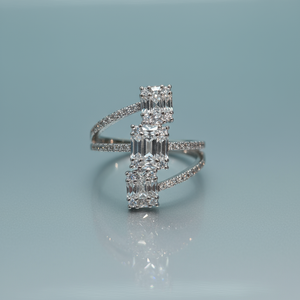 Elegant Silver-Plated Tiered Emerald-Cut Zircon Copper Base Inlay Ring