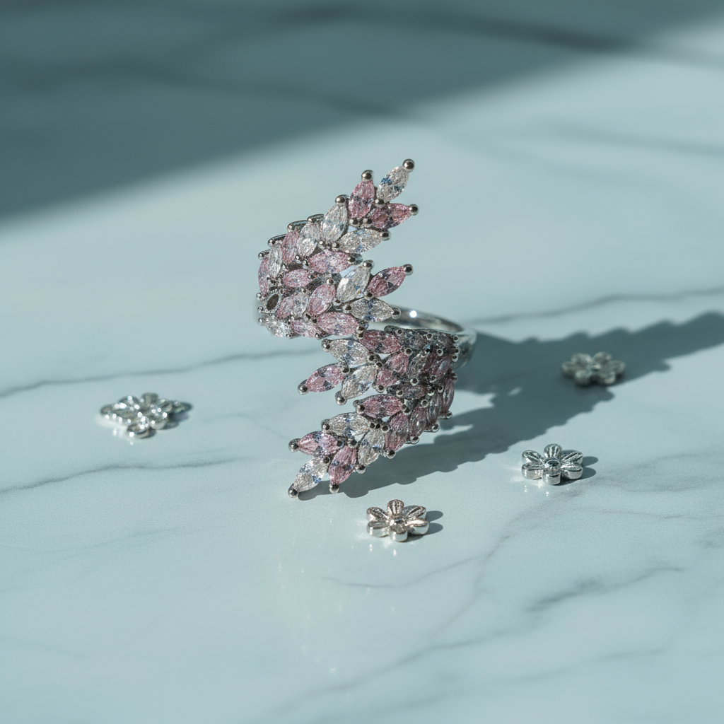 Silver Pink & White Zircon Feather-Petal Elegant Luxury Ring