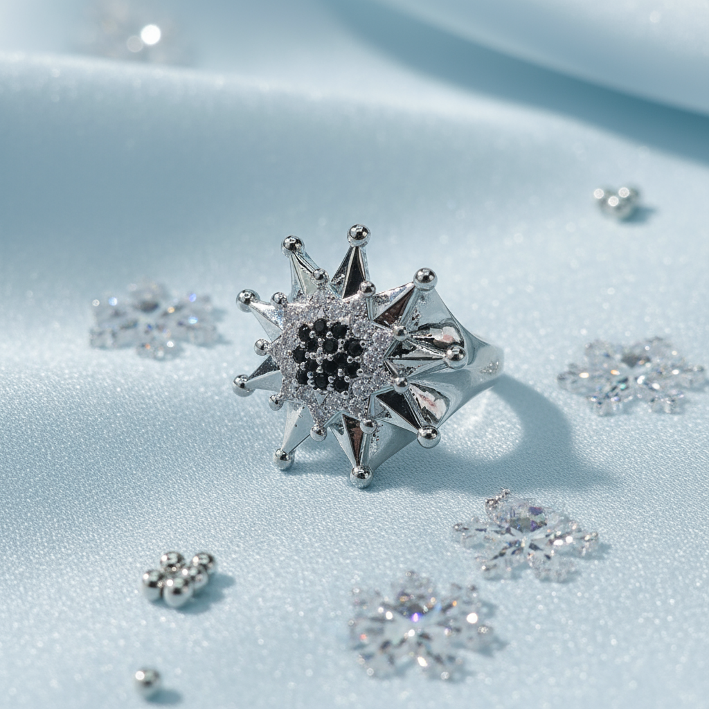 Silver Charm Star Crown Copper Base Black Zircon Inlay Modern Ring