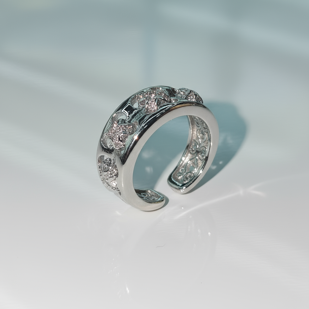 Elegant Silver-Plated Openwork Floral Copper Base Zircon Inlay Ring