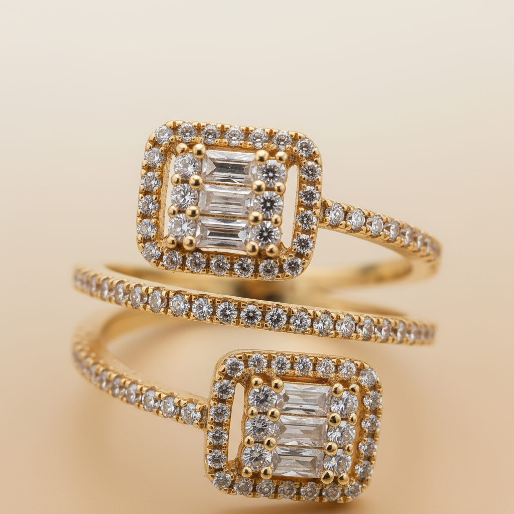 Gold Zircon Dual Square Elegant Twisted Ring