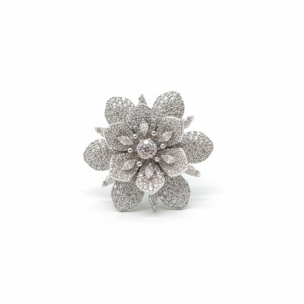 Elegant Luxury Silver-Plated Floral Motif Copper Base Zircon Inlay Ring - Alternative View