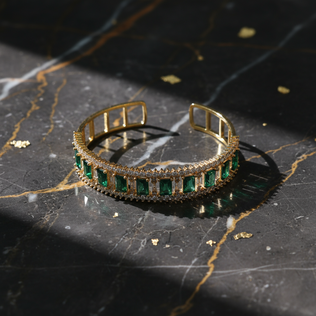 Gilded Emerald Copper Cuff Bangle with Zircon Inlay - Alternative View