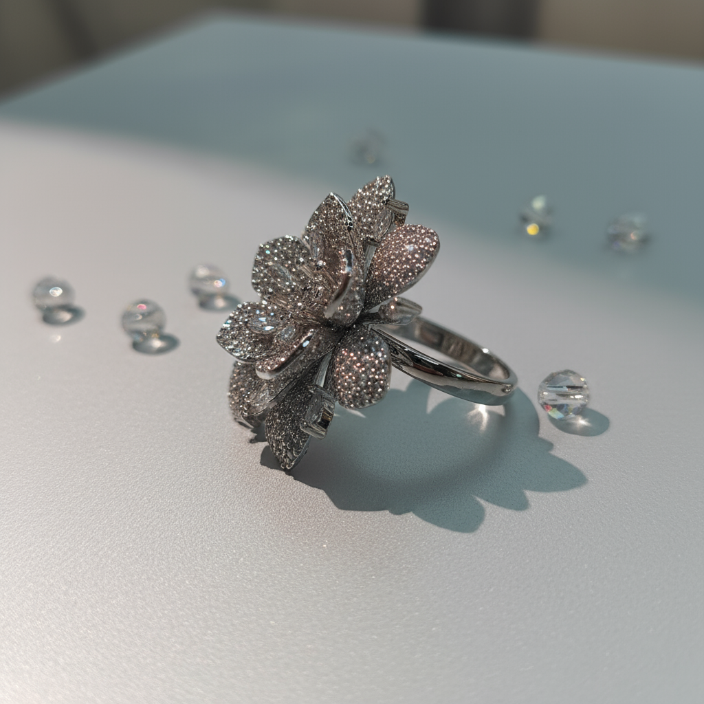 Elegant Luxury Silver-Plated Floral Motif Copper Base Zircon Inlay Ring