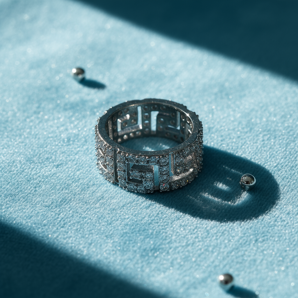Luxury Silver-Plated Greek Key Copper Base Ring with Zircon Inlay - Image 5