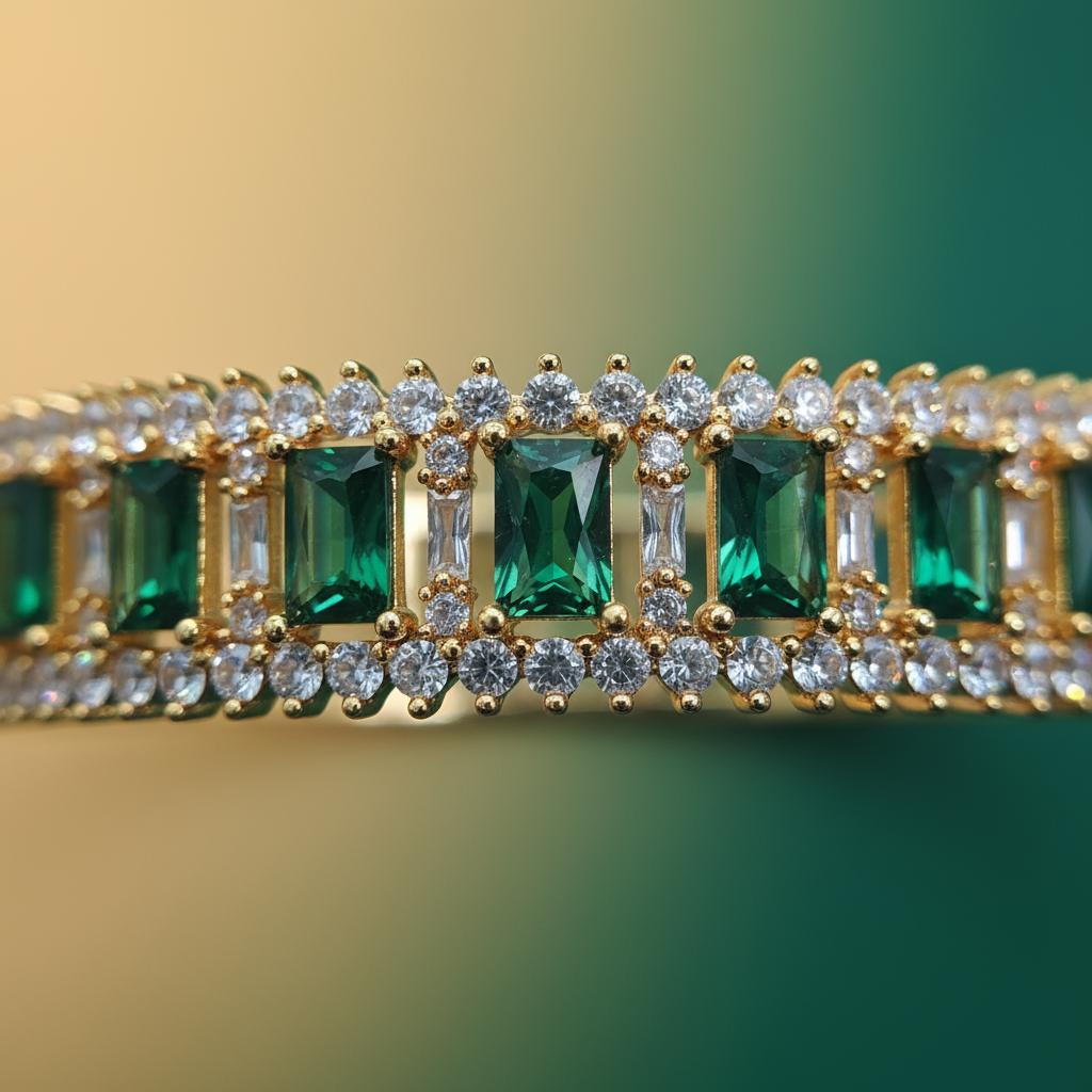 Gilded Emerald Copper Cuff Bangle with Zircon Inlay - Image 5