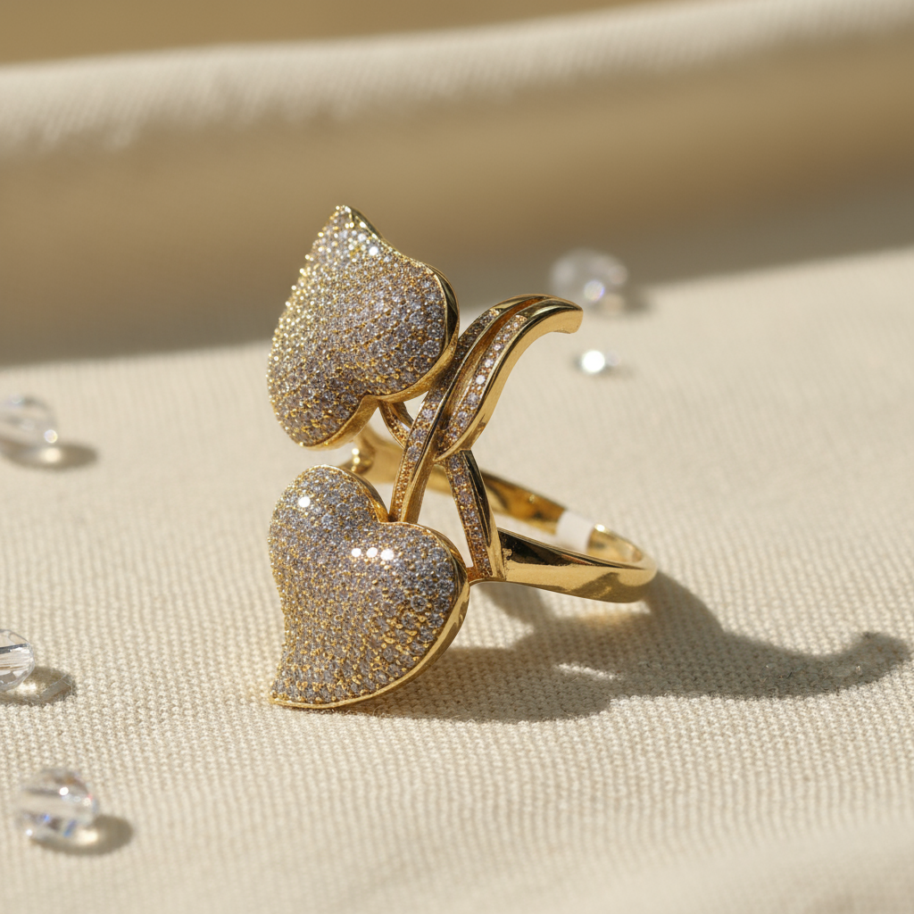 Elegant Luxury Gold Double Heart Zircon Inlay Ring