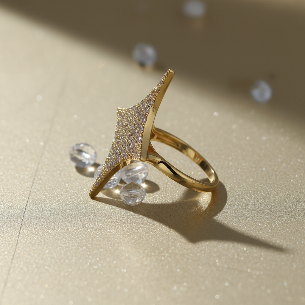 Gilded Starburst Copper Base Full Zircon Inlay Modern Ring - Alternative View