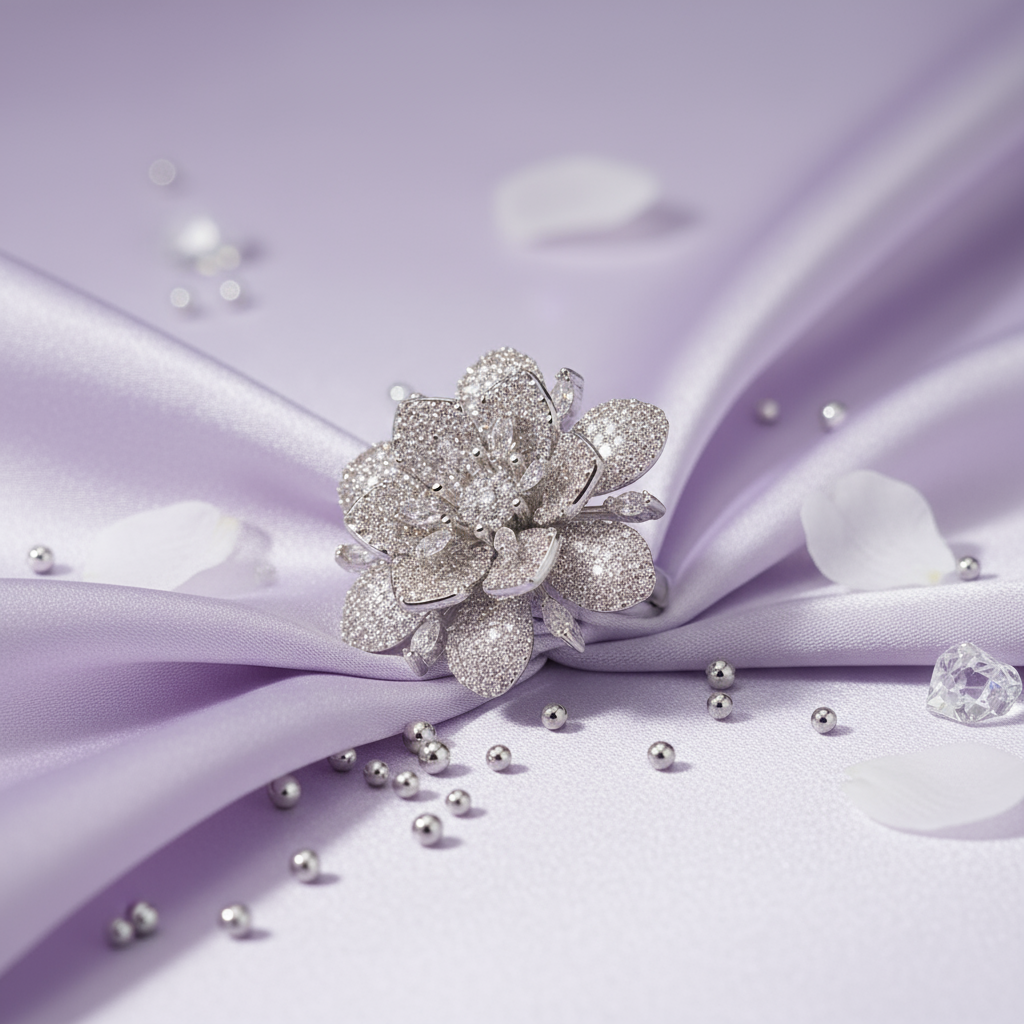 Elegant Luxury Silver-Plated Floral Motif Copper Base Zircon Inlay Ring - Image 5