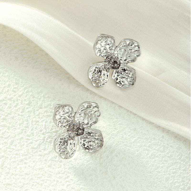Four - petal Flower - Shaped Iron Earrings with Diamond Inlay