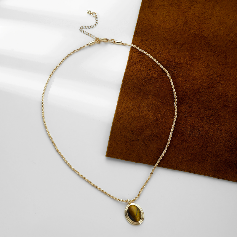 Iron Necklace with Oval Gem Pendant and Twisted Chain