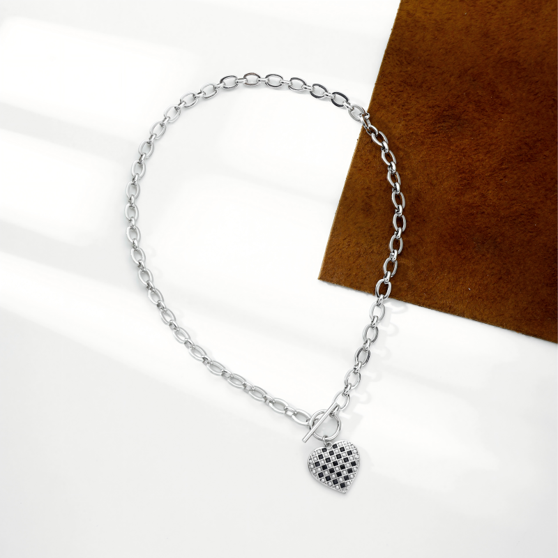 Iron Necklace with Checkered Heart Pendant and OT Clasp
