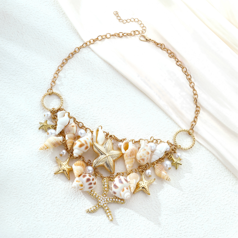 Ocean - Style Iron Necklace with Shells, Starfish and Pearls