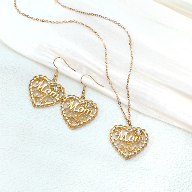 Iron Jewelry Set with "Mom" Heart - Shaped Diamond - Inlaid Design (Including Necklace and Earrings)