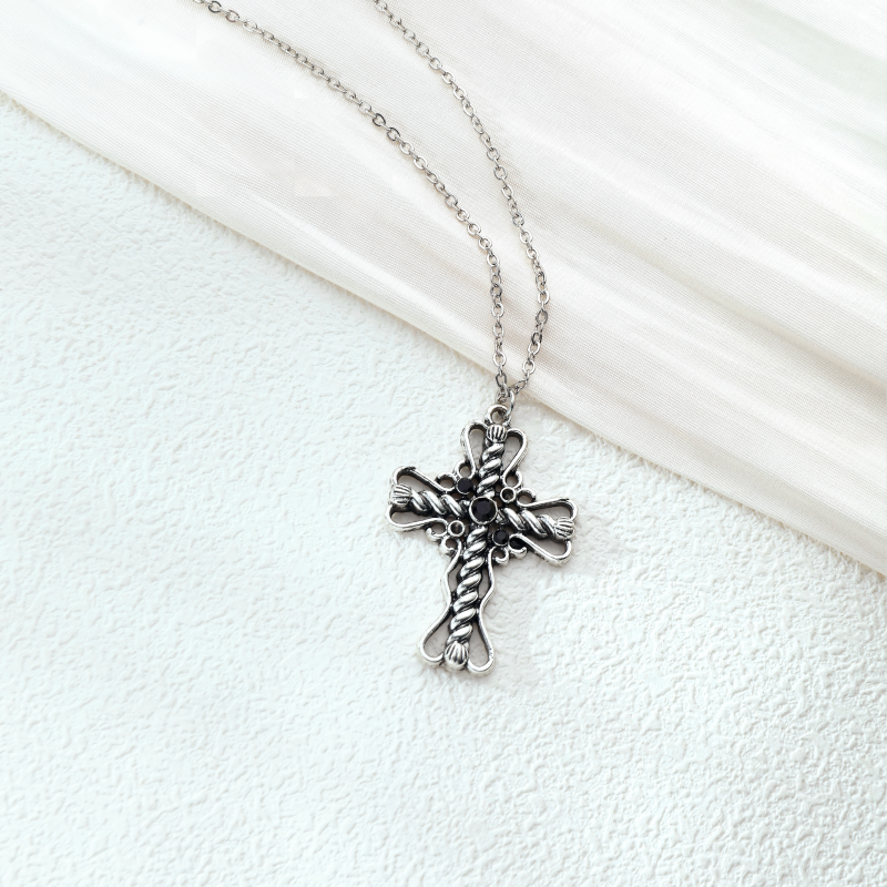 Vintage Twisted Cross Iron Necklace with Black Diamond Inlay