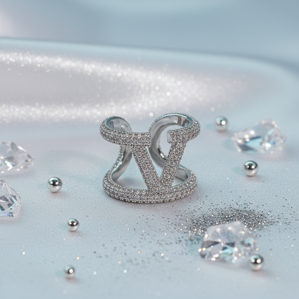Luxury Charm Silver-Plated V-Shaped Full Zircon Copper Base Inlay Ring