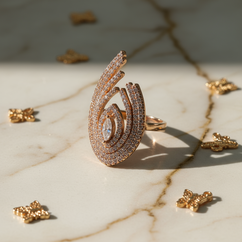 Elegant Luxury Gold-Plated Teardrop Spiral Copper Base Zircon Inlay Ring - Alternative View