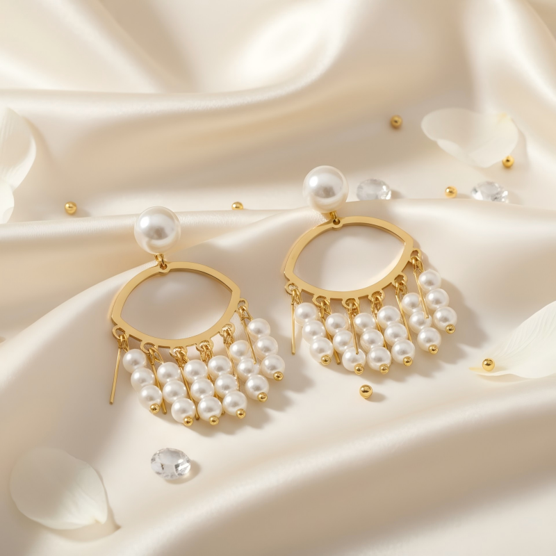 Pearl Tassel Eye-shaped Earrings - Alternative View