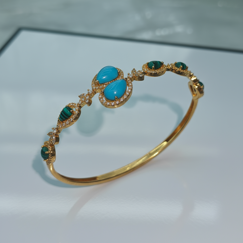 Gilded Turquoise & Malachite Diamond-Encrusted Secret Garden Bangle - Alternative View