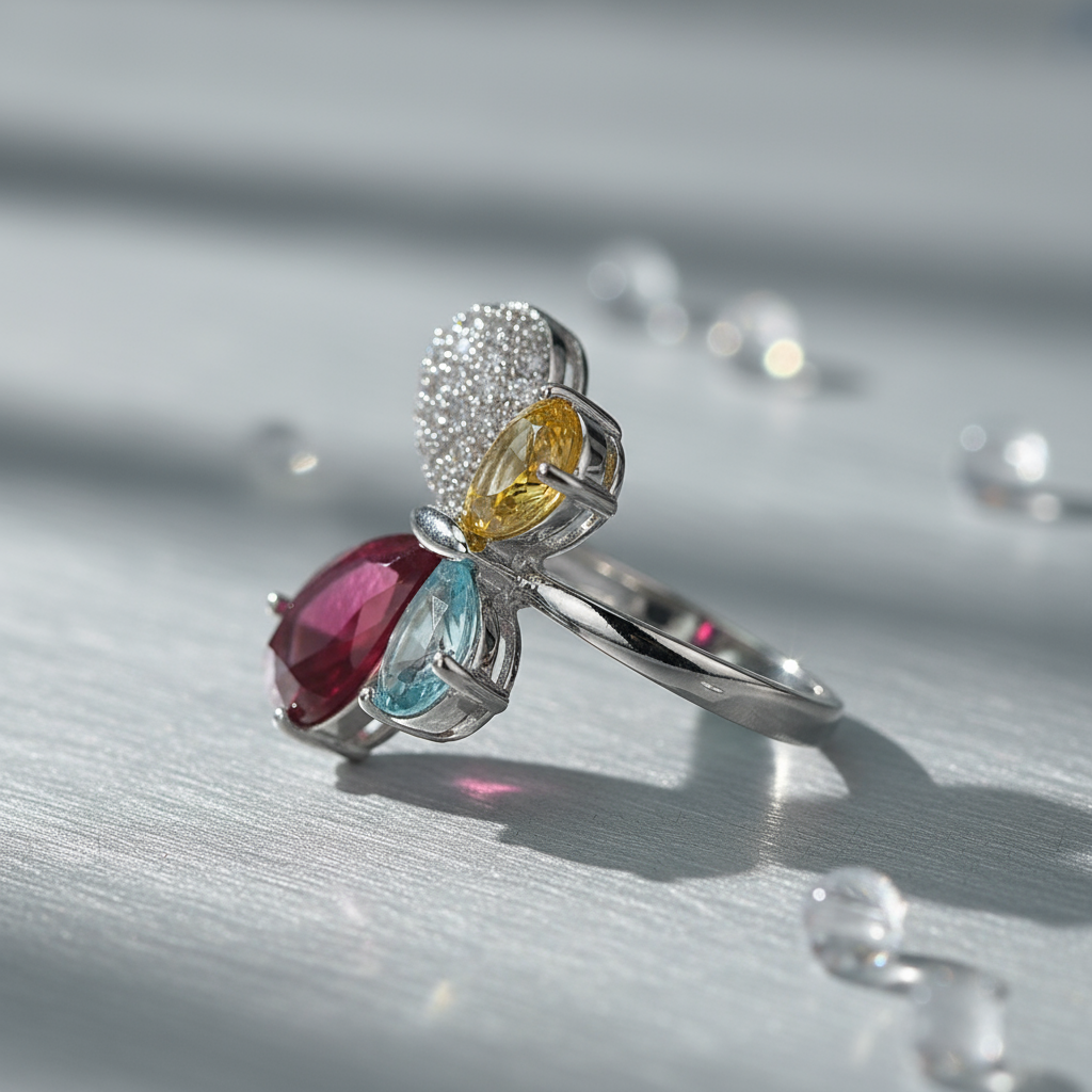 Elegant Silver-Plated Openwork Floral Copper Base Zircon Inlay Ring - 副本