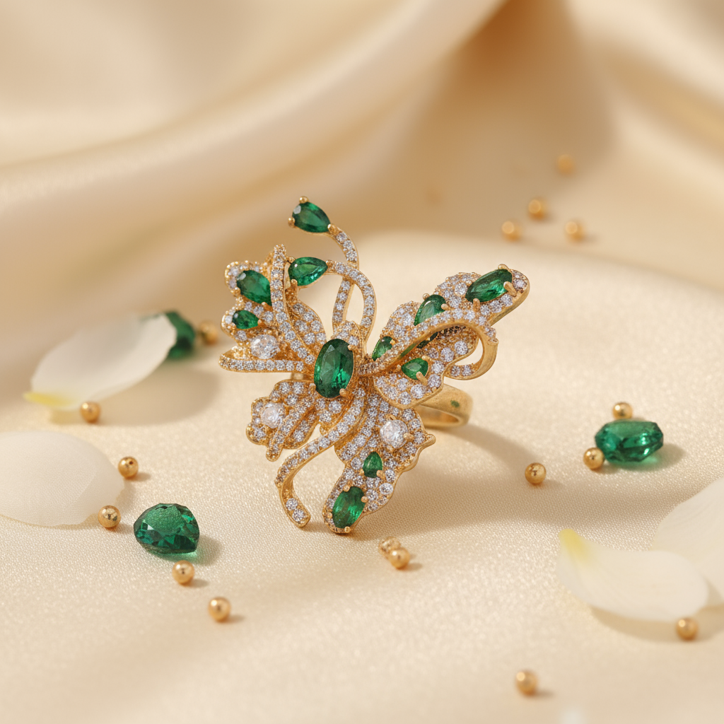 Elegant Luxury Gold-Plated Butterfly Wing Motif Copper Base Green Gem Inlay Ring - Image 5
