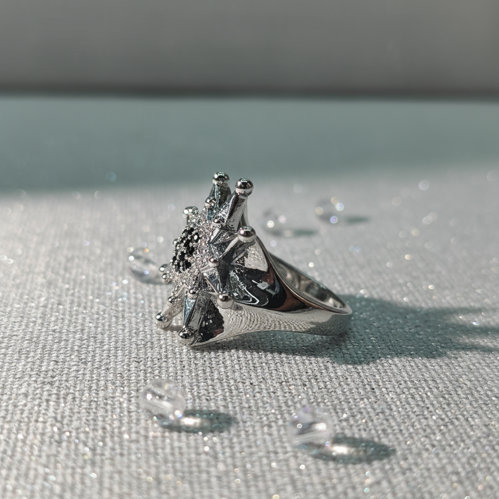 Silver Charm Star Crown Copper Base Black Zircon Inlay Modern Ring - Alternative View