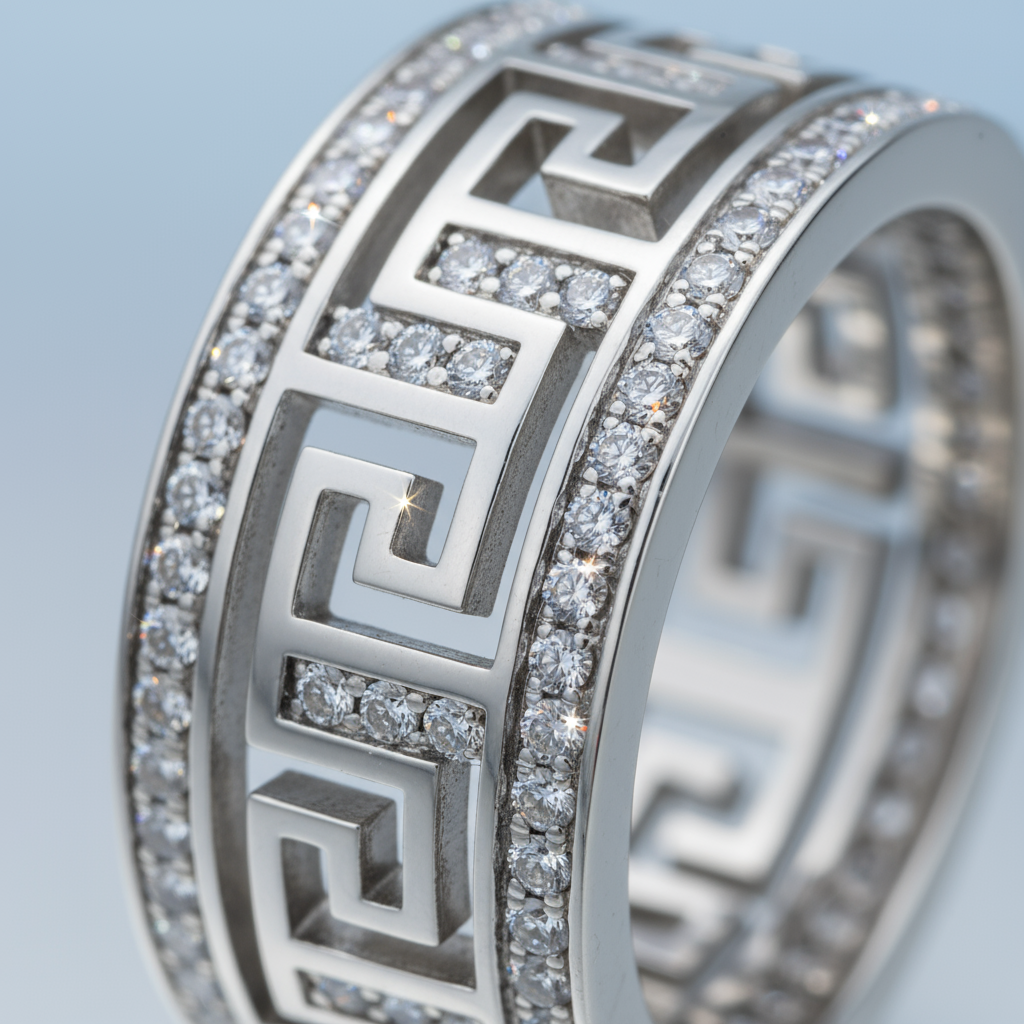 Luxury Silver-Plated Greek Key Copper Base Ring with Zircon Inlay - Image 6