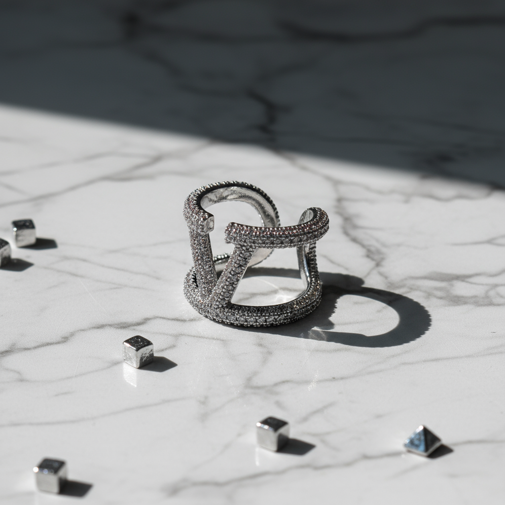 Luxury Charm Silver-Plated V-Shaped Full Zircon Copper Base Inlay Ring - Alternative View