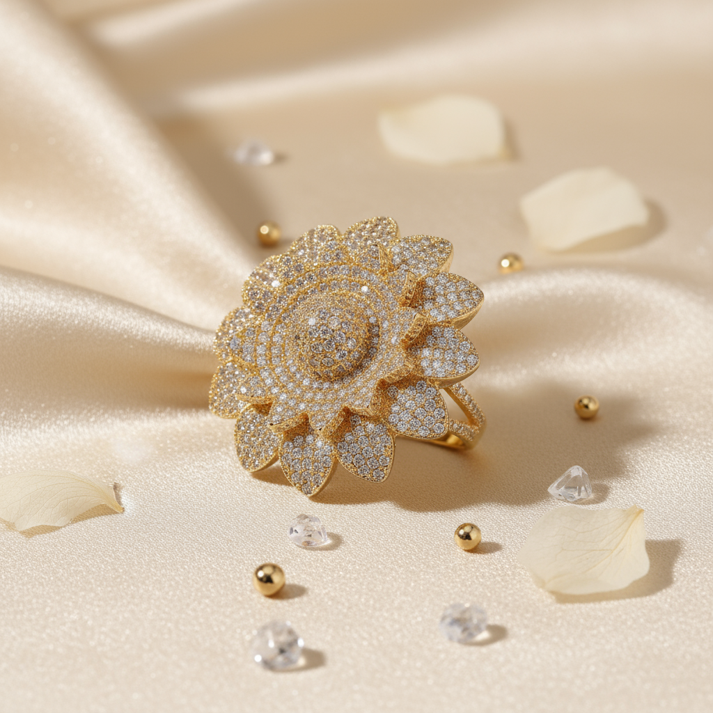 “Golden Blooming with Abundant Zircons - Sun-Facing Copper-Inlaid Zircon Ring”